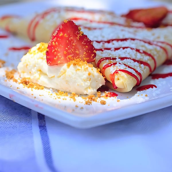 Two strawberry crepes with whipped cream, powdered sugar, and strawberry drizzle on a white plate.