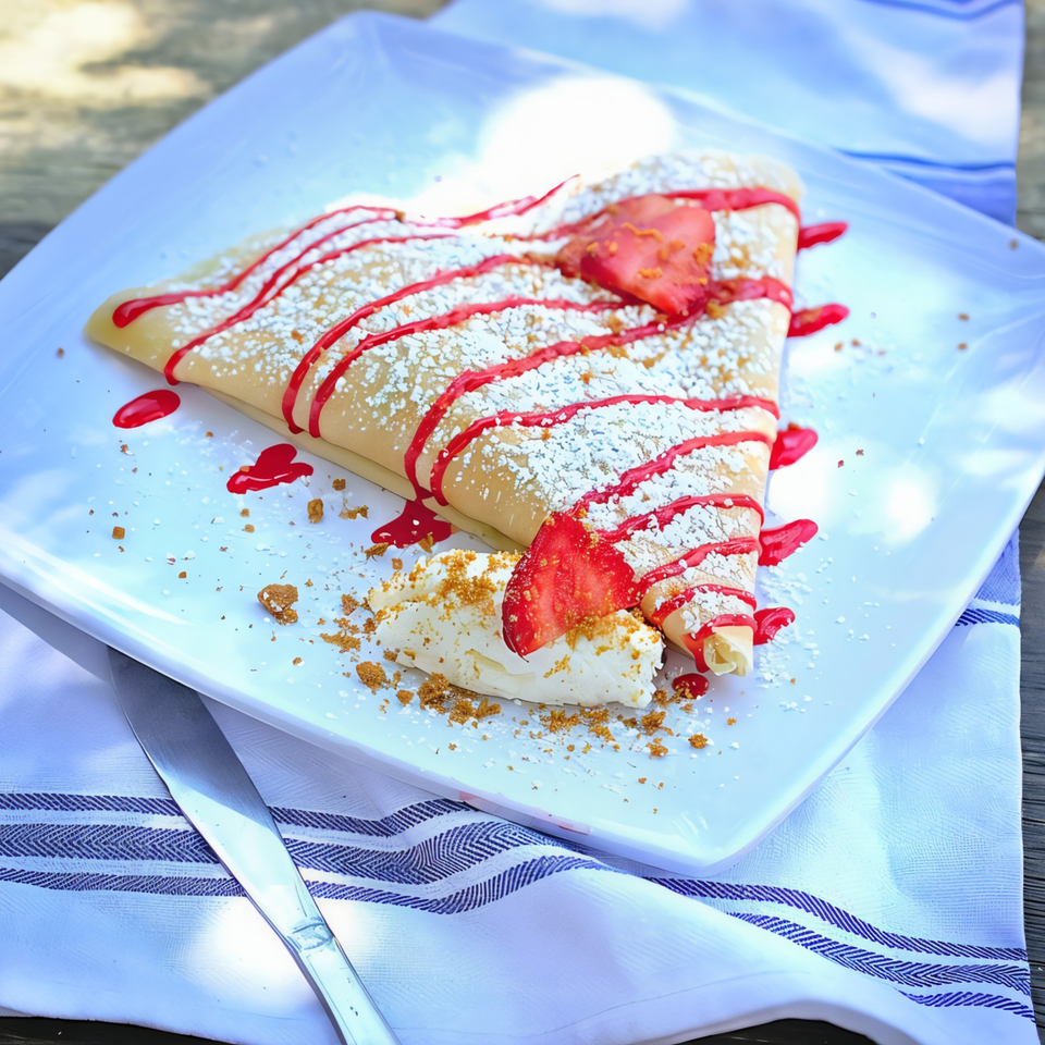 A strawberry crepe with powdered sugar, red drizzle, whipped cream, and graham cracker crumbles.