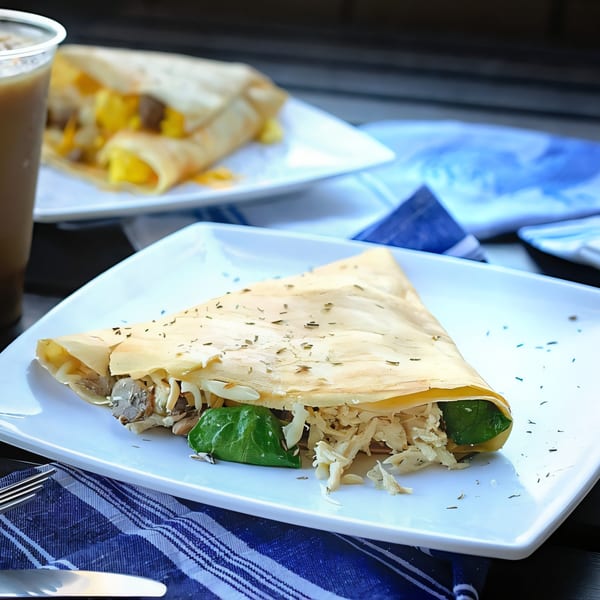 Savory crepe with chicken, mushrooms, and spinach on a white plate with a blue napkin.