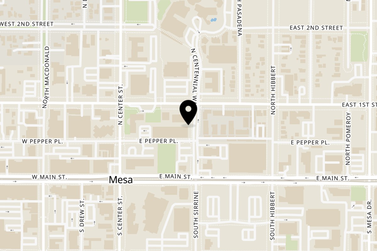 Map showing the location of The Crepe Club Mesa on 50 N Centennial Way Suite 102 in Mesa