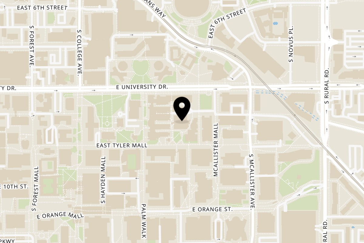 Map showing the location of The Crepe Club Tempe on 550 E Tyler Mall in Tempe